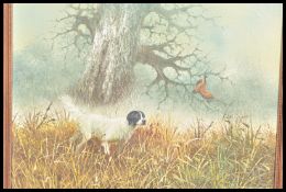 A large oil on canvas painting of hunting interest. The picture set in woodland with a black and