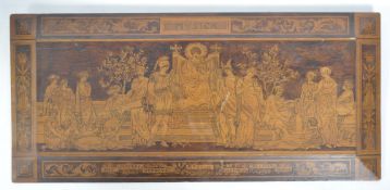 EDWARDIAN MUSIC ROOM POKERWORK PANEL DEPICTING GREEK GODS.