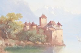 19TH CENTURY SWISS SCHOOL CHATEAU DE CHILLON OIL PAINTING
