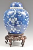 19T CENTURY CHINESE PRUNUS PATTERN GINGER JAR ON WOODEN STAND