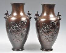 A PAIR OF 19TH CENTURY JAPANESE MEIJI PERIOD BRONZE VASES