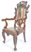 19TH CENTURY DANIEL MAROT STYLE WALNUT & LEATHER HALL THRONE CHAIR.