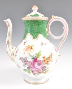 A 19TH CENTURY GERMAN DRESDEN PORCELAIN TEAPOT IN THE GREEN SCALE PATTERN