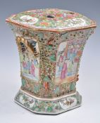 A CANTON FAMILLE ROSE RELIEF MOULDED & FLARED OCTAGONAL BOUGH POT &COVER