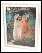 A vintage Kitsch 3d stereoscopic Lentograph / lenticular print of Jesus set to a white frame.