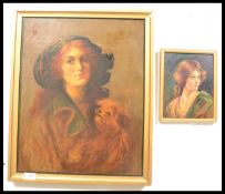 An early 20th Century portrait study oil on canvas painting of a lady in Scottish dress with her dog