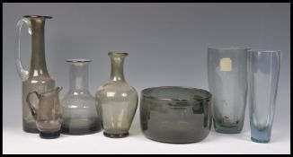 A good collection of vintage retro 20th Century studio art glass to a Holmegaard smokey glass