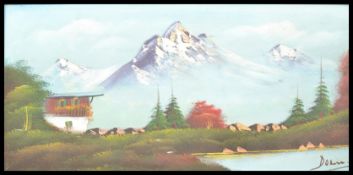 A 20th Century oil on canvas gouache painting in the manner of Doyle Jon depicting a mountain