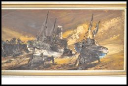A 20th Century oil on board and mixed media painting depicting moored ships on a beach with scorched