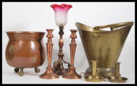 A collection of 19th Century copper and brass to include a copper coal scuttle with lion mask