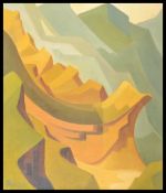 A mid 20th century oil on board modernist landscape painting depicting a hill scene in green and