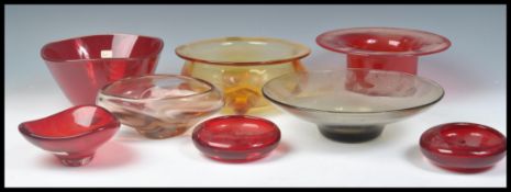 A good collection of vintage retro 20th Century studio art glass to include Whitefriars ruby red