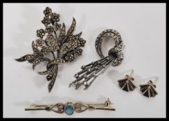 COLLECTION OF SILVER BROOCHES & ART DECO EARRINGS