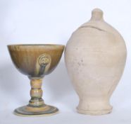 A vintage retro 20th Century Cornish studio pottery moneybox of unusual form along with a goblet