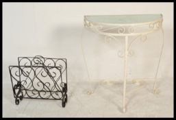 A vintage retro 20th Century metal scrollwork demilune console side table painted white with inset