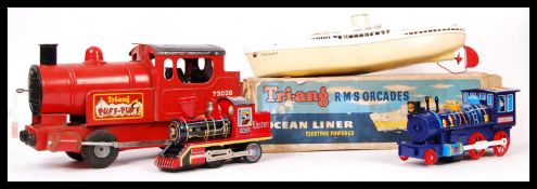 ASSORTED TIN PLATE MODEL TRAIN LOCOMOTIVES AND OCEAN LINER