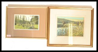 A pair of 20th Century Noel Shepherdson mixed media paintings being framed and glazed. Both