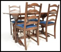 A large Jaycee Jacobean revival extending draw-leaf oak refectory dining table together with a set