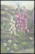 A large vintage retro 20th Century oil on canvas still life painting of foxglove flowers set to a