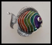 A stamped 925 silver brooch in the form of an angel fish having coloured guilloche panels and