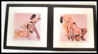 A pair of contemporary prints both depicting two burlesque / cabaret dancers fighting being framed
