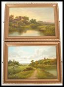A pair of early 20th Century English School oil on canvas paintings of country scenes. Each set