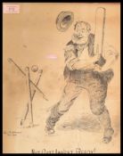A vintage early 20th century West Country Somerset cricket pen and ink sketch of an elder cricket