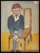 A 20th century oil on board naive portrait study painting depicting a young boy sitting on a chair