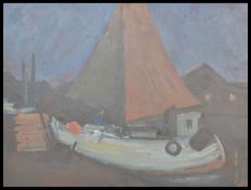 A mid 20th Century 1950's oil on board painting depicting a moored boat with red sails, painted in a