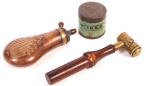 ANTIQUE 19TH CENTURY POWDER FLASK & RELATED ITEMS