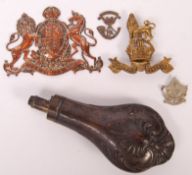 ASSORTED VINTAGE MILITARIA - 19TH CENTURY POWDER FLASK ETC
