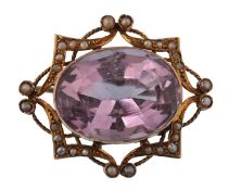 VICTORIAN 9CT GOLD AMETHYST AND SEED PEARL LADIES BROOCH