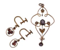 VICTORIAN 9CT GOLD ART NOUVEAU NECKLACE PENDANT & EARRINGS SUITE