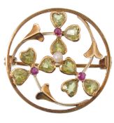 15CT GOLD PERIDOT PEARL AND RUBY ART NOUVEAU BROOCH