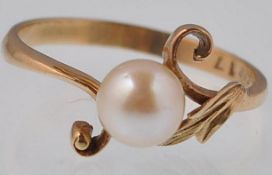 9CT GOLD LADIES PEARL DRESS RING WITH LEAF SCROLL MOUNT