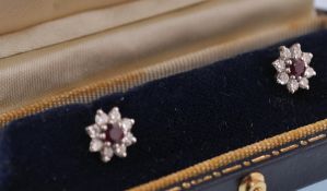 PAIR 18CT WHITE GOLD RUBY AND DIAMOND STUD EARRINGS