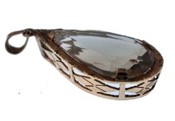 LARGE VINTAGE 9CT GOLD PENDNT SET WITH PEAR CUT SMOKEY QUARTZ