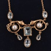 9CT GOLD AQUAMARINE AND PEARL BELLE EPOQUE PENDANT AND CHAIN