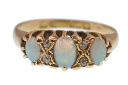 EDWARDIAN CHESTER H/M 9CT GOLD OPAL & DIAMOND 3 STONE RING