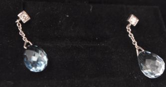 PAIR WHITE GOLD AQUAMARINE AND DIAMOND DROP EARRINGS