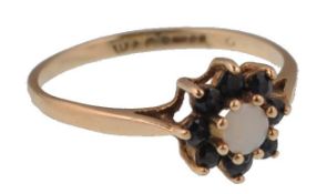 9CT GOLD HALLMARKED OPAL AND SAPPHIRE LADIES FLOWER HEAD RING