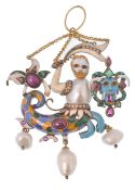 19TH CENTURY RENAISSANCE BLISTER PEARL RUBY EMERALD MERMAN PENDANT