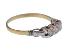 An 18ct yellow and white gold ladies 3 stone diamond ring, the three diamonds approx 5pnts each.