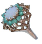A 9CT GOLD LADIES OPAL AND EMERALD CLUSTER RING LONDON HALLMARKED