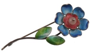 EARLY 20TH CENTURY ART NOUVEAU STIRLING SILVER ENAMEL FLOWER BROOCH