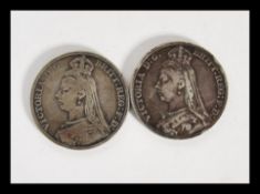 Two 19th Century Victorian silver crown coins consisting of a 1892 example and a 1891 example.