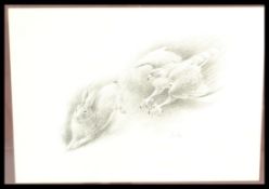 A framed and glazed pencil sketch of a Kestrel swooping with its talons out about to strike a