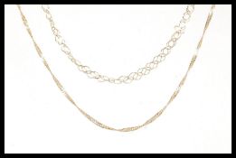 Two stamped 375 9ct gold necklace chains to include a fine link necklace chain along with a