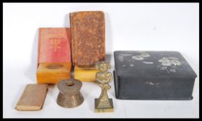 A small collection of 20th Century and early items to include, a brass imp, two mauchline ware