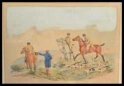 A 19th Century etching on paper depicting a country hunting scene with three figures on horses and